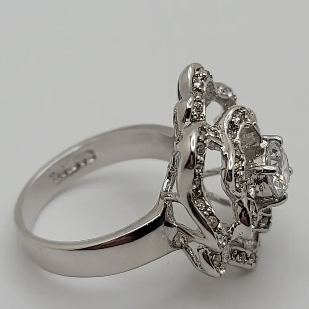 Vintage Nolan Miller Silver-tone Cubic Zirconia Floral Statement Ring